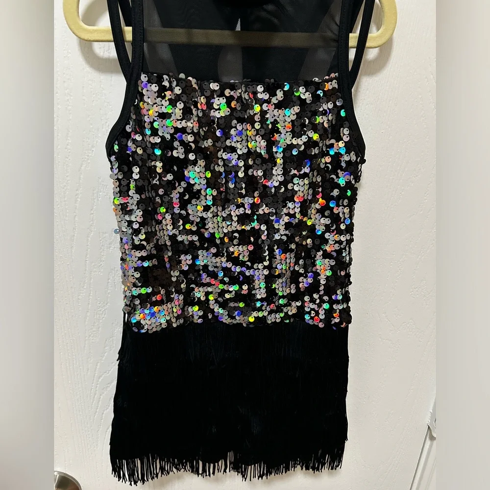 Weissman Fringe Dance Costume Black Sequined Size Medium Child Style 13329